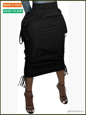 High Waisted Ruched Drawstring Long Pencil Skirt with Pockets